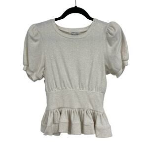 NWT Habitual Girl Oatmeal Tan Puff Sleeve Ribbed Peplum Top Big Girls 14
